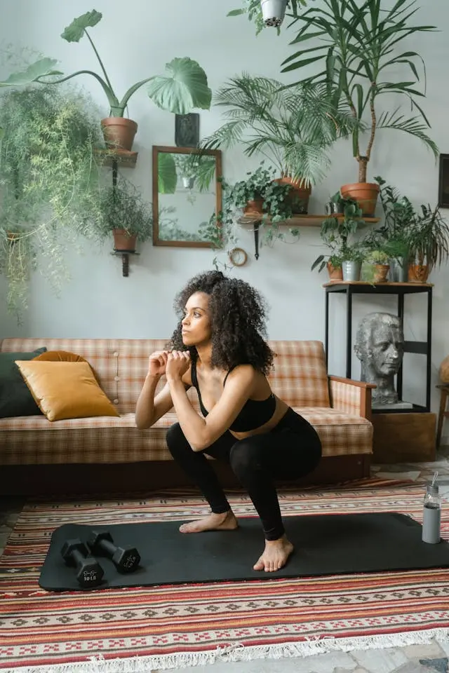 Femme noire avec tenue de sport noire qui fait des squats sur un tapis noir avec des haltères dessus dans salon avec des plantes